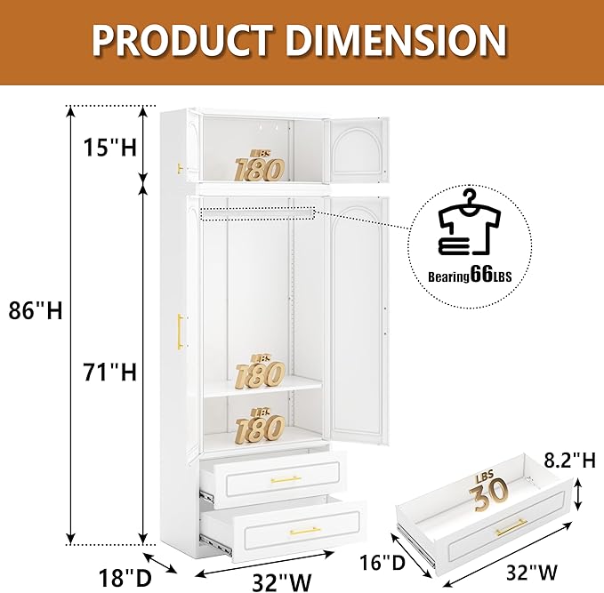 Metal Armoire Wardrobe Cabinet, 86" Tall Wardrobe Closet with Doors, White Clothing Storage Cabinet with Hanging Rod, Large Armoire for Bedroom, Office, School, Gym