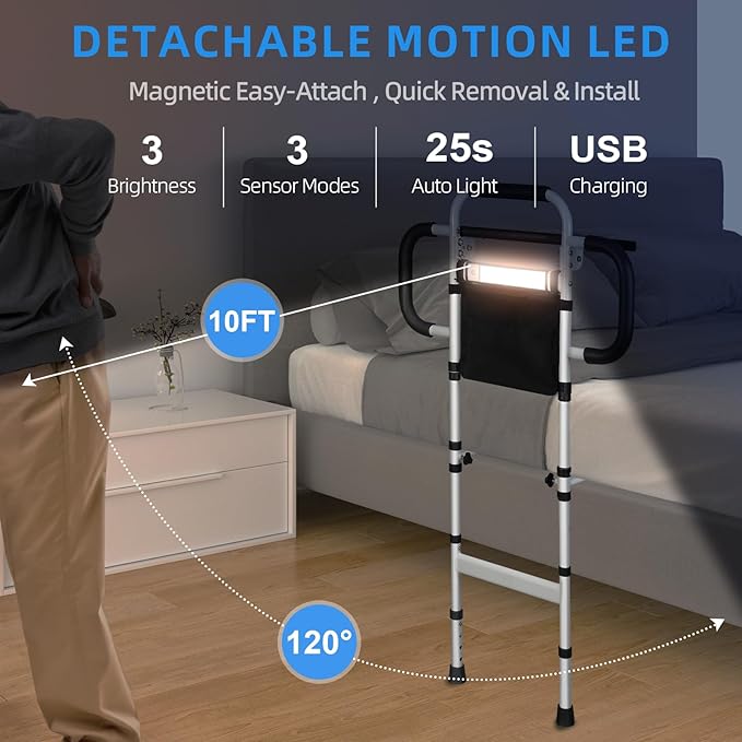 Bed Rails for Elderly Adults Safety with Foldable Tray & Motion Sensor Light, Adjustable Height Bed Assist Bar with 3 Handles, 350 lbs Capacity Bedside Support Rail, Easy to Install