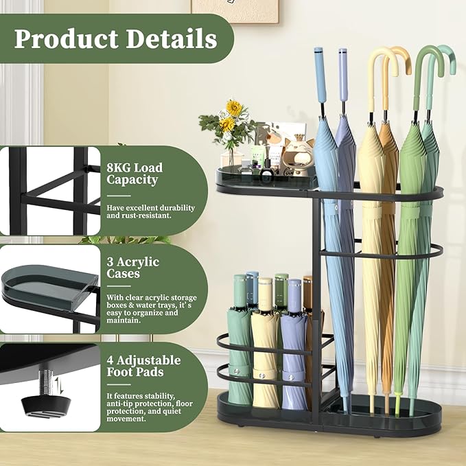 Minimalist Umbrella Stand for Indoor Entryway, Free Standing Umbrella Holder Holds 12+ Paraguas/Canes - Metal Storage Rack with Acrylic Basket & Drip Tray for Home Office Hall