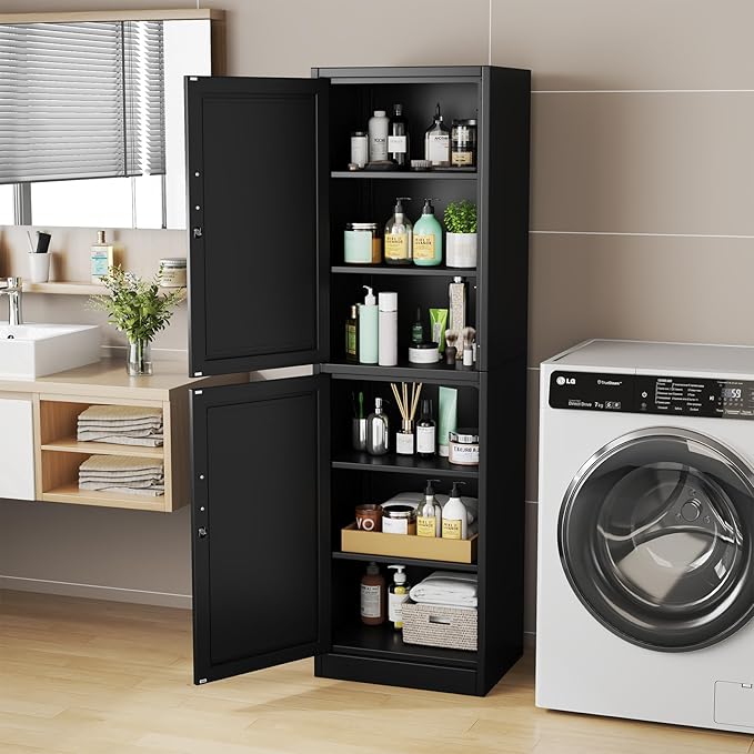 67" Metal Storage Cabinet with Lock, Tall Narrow Office File Cabinets with 2 Doors & 4 Adjustable Shelves, Metal Steel Locker for Home, School, Office, Garage or Gym (Black)