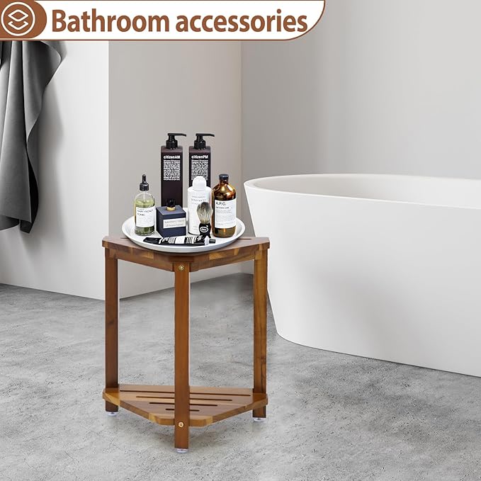 IBosins 16in Shower Foot Rest Corner Shower Stool for Shaving Legs with Storage Shelf Small Bench for Inside Shower to Sit on Bath Seat - Acacia Wood