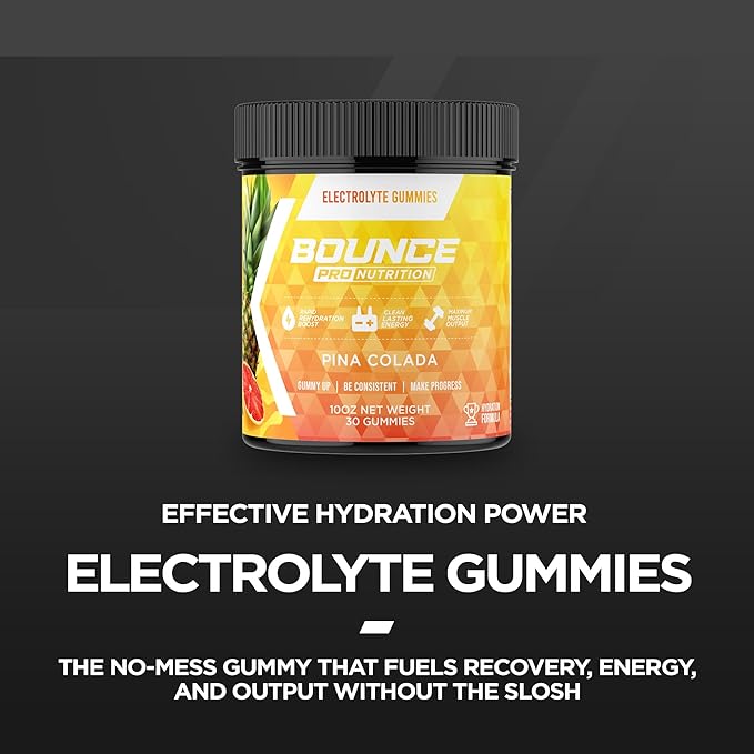 Bounce Pro Hydration Electrolyte Gummies – 30 Vegan Chewable Gummies with Sodium, Potassium & Magnesium for Running, Workouts & Endurance – No Sugar, Caffeine Free Electrolyte Chews, Pina Colada