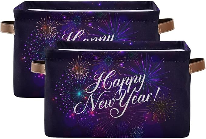 Storage Basket Happy New Year Cube Storage Bins Organizer Bag Collapsible Closet Shelf Baskets with handle for Cloth Book 14.2×10.2×8.3 IN