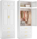 Metal Wardrobe Armoire with Three Drawers, 86“ Tall Wardrobe Closet with Hanging Rod, Freestanding Storage Closet with Doors and Shelves for Bedroom, White, Assemble Required