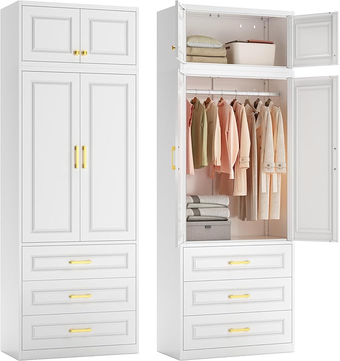 Metal Wardrobe Armoire with Three Drawers, 86“ Tall Wardrobe Closet with Hanging Rod, Freestanding Storage Closet with Doors and Shelves for Bedroom, White, Assemble Required