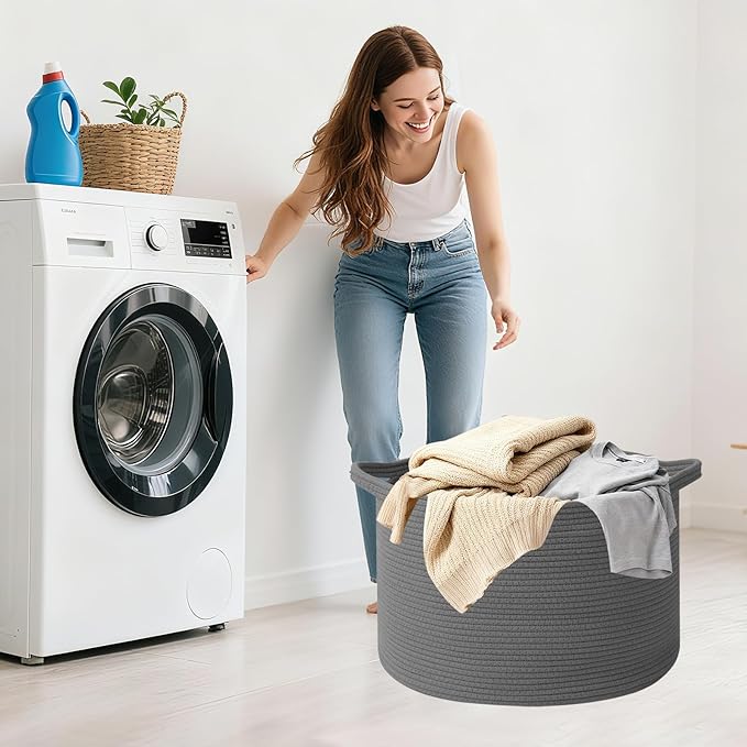 Large Storage Basket with Handle,23.6" x 23.6" x 15.7" Blanket Basket Storage Bins for Organizing,65L Cotton Rope Woven Baskets for Living Room, Nursery ,Bedroom,Dark Gry