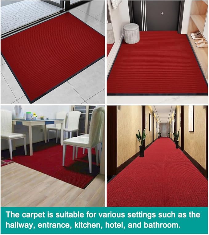 ITINA Door Mat About W3' x L16' Large Outdoor Indoor Mat Waterproof Rubber Back Rugs for Home Office Business Areas Wine Red-Black
