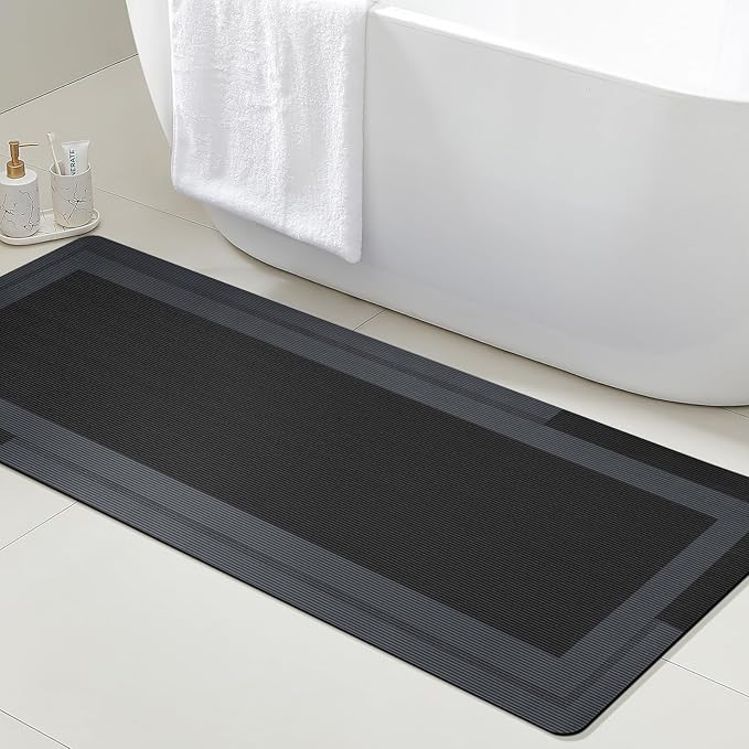 ACCUMTEK Ultra Thin Bath Mat, Upgrade Backing Non Slip Thin Bath Mats Fit Under Door, Quick Dry Ultra Absorbent Bathroom Rugs, Machine Washable Bath Rugs for Bathroom, Bathtub, Black/Bordered/59 x20
