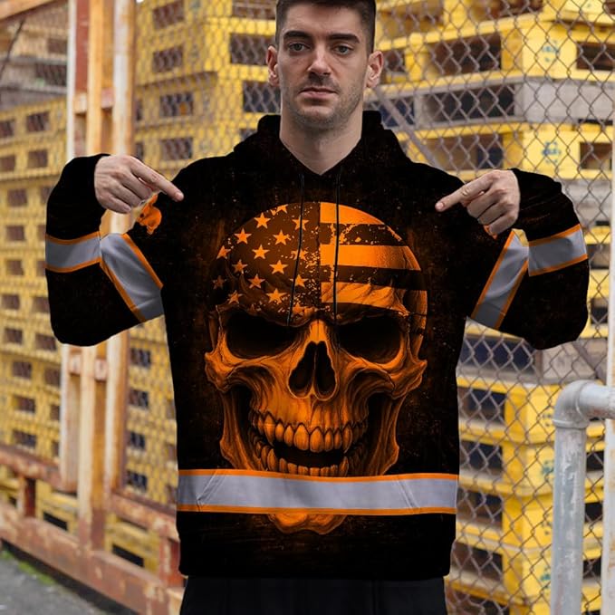 Matedecor Skull US Flag Reflective High Visibility Hoodie For Men Construction Hi Vis Safety Workwear Custom Name