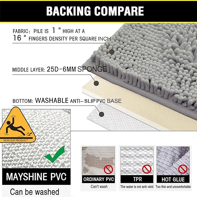 BOANKODU Bathroom Rugs Sets 2 Piece, Extra Soft Chenille Bath Mat Absorbent Bathroom Rug, Bathroom Mat with PVC Non-Slip Bottom, Machine Washable Bath Rugs (32x20 Inch + 24x16 Inch, Light Grey)