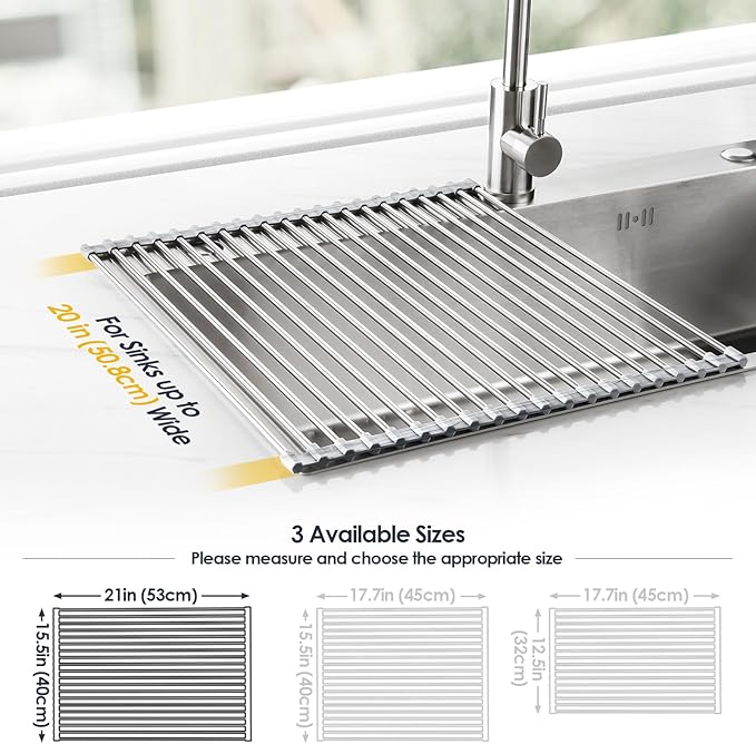 Tomorotec Stainless Steel Roll-Up Dish Drying Rack Marble Color Silicone Edges, Foldable Kitchen Rack Heat Resistant Trivet Supports up to 70 lbs, Food Safe for Dishes, Cookware & More