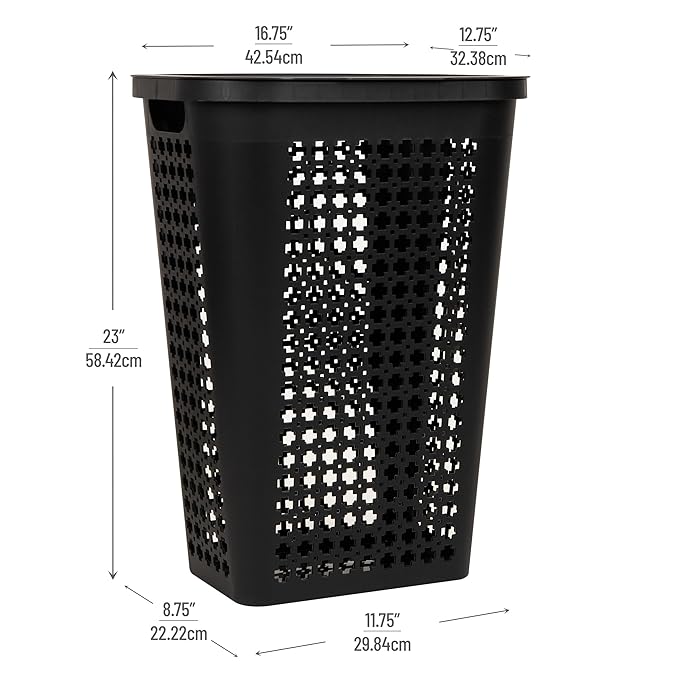 Mind Reader Slim Tapered Laundry Hamper with Lid, Clothes Basket with Swiss Cross Cut-Outs, Lightweight & Ventilated, Plastic, 16.75"L x 12.75"W x 23"H, Black