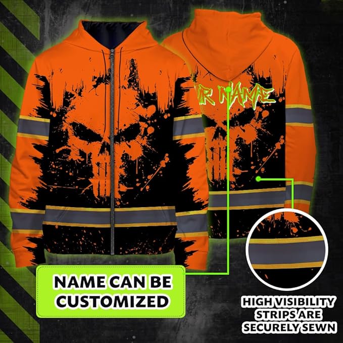 Maddly Hi Vis Reflective Zip Up Hoodie, High Visibility Safety Jacket with Skull Design for runner, worker, trucker, cyclist