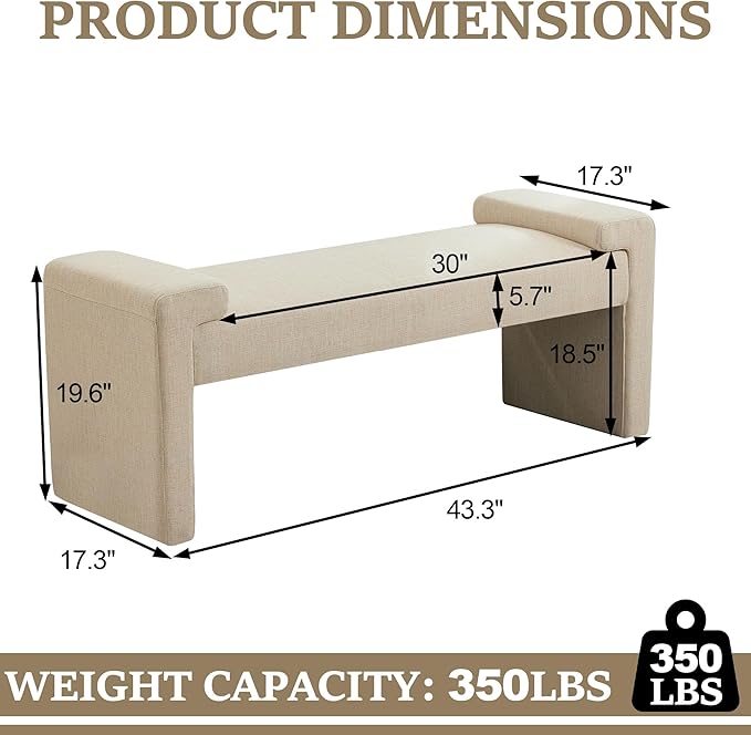 43" Linen End of Bed Bench Upholstered Modern Bedroom Bench for Living Room & Entryway, Easy Assembly, Footrest Ottoman Accent Window Bench with Solid Wood Frame & Curved Arm, Tan