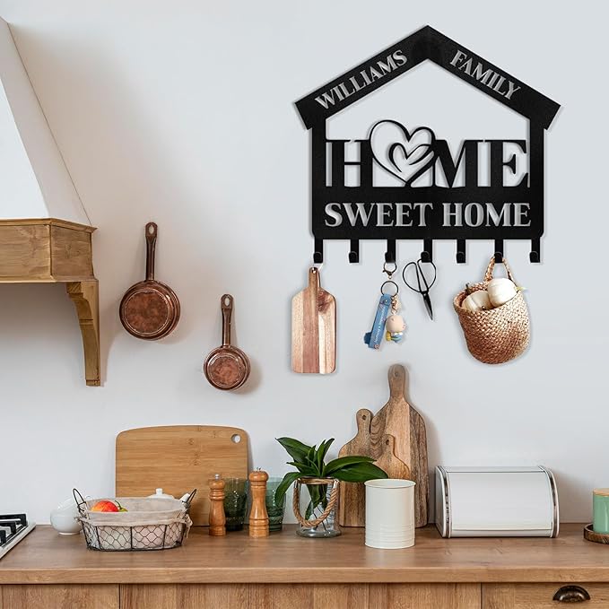 Personalized Key Holder for Wall | Sweet Home Key Holder Wall Mounted | Black Metal Key Hanger Wall Decorative | Housewarming Gifts | Key Rack Organizer for Living Room, Bedroom, Entryway