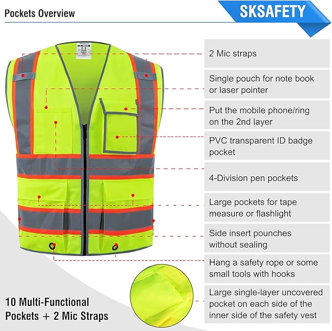 SKSAFETY 10 Pockets Safety Vest, Class 2 High Visibility Security with Zipper, Hi Vis Vest with Reflective Strips, ANSI/ISEA Standard, Construction Work Vest for Men ＆ Women （Lime, 3XL）
