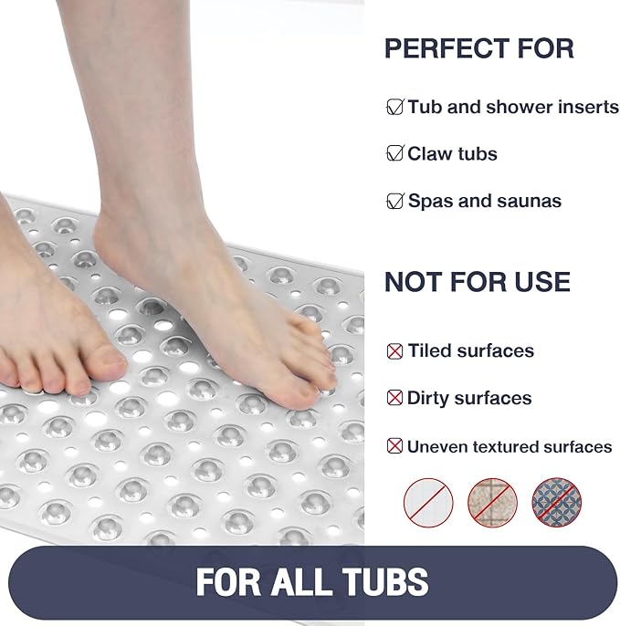 Extra Long Bathtub Mat Non Slip, Clear Gray Soft Bath Mat for Tub 40 x 16 Inch Full Size, Bath Tub Shower Mats for Bathroom Floor, Big Suction Cups and Drain Holes, Easy Washable, BPA Free