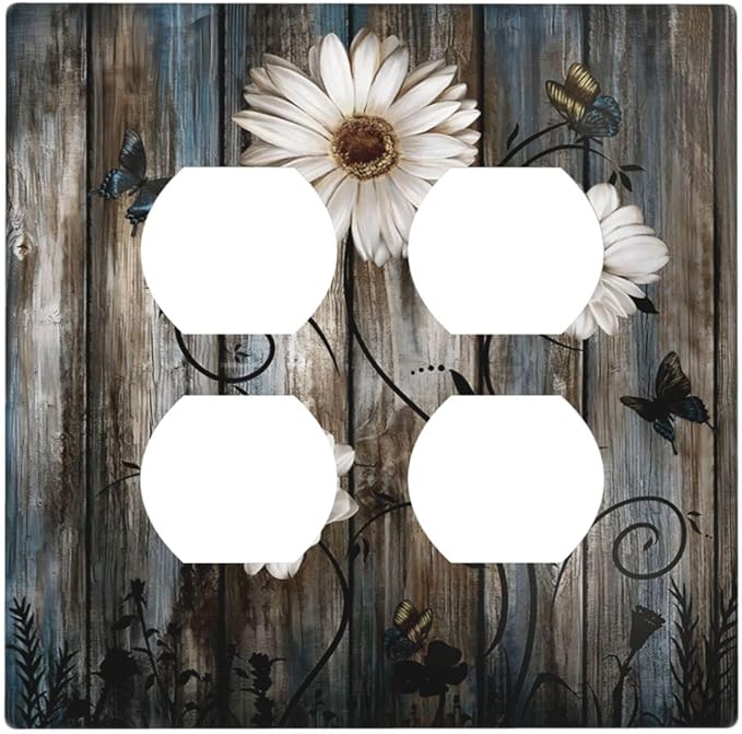 Rustic Wood Background Floral Butterfly Daisy Outlet Covers 2 Gang Double Duplex Decorative Light Switch Covers Electrical Wallplates Socket Faceplate for Farmhouse Bedroom Decor