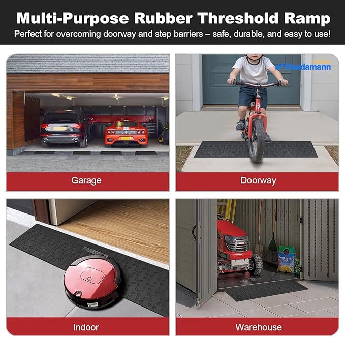 Ruedamann 1.4" Rise Threshold Ramps for Doorways, Sturdy Rubber Threshold Ramp, Non-Slip Ramp for Wheelchair for Home, Adjustable and Cuttable for Wheelchairs, Scooters, Sweepers, Curbs