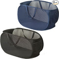 2 Piece Popup Mesh Laundry Basket Durable Handles Collapsible Laundry Baskets Folding Clothes Pastic Hamper for Laundry Room College Dorm (Black/Navy Blue)