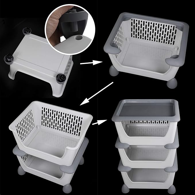 Gray Plastic Stacking Organizer Basket with Wheels, 3-Tier Multi-function Stackable Storage Basket