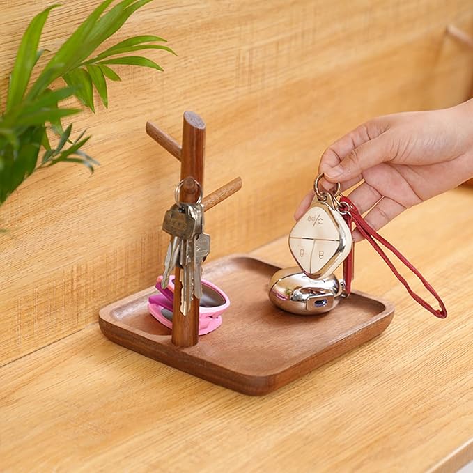 Wooden Key Holder with Tray, Multifunctional Key Chain Display Stand & Key Tray for Entryway Table, Rustic Home Organizer