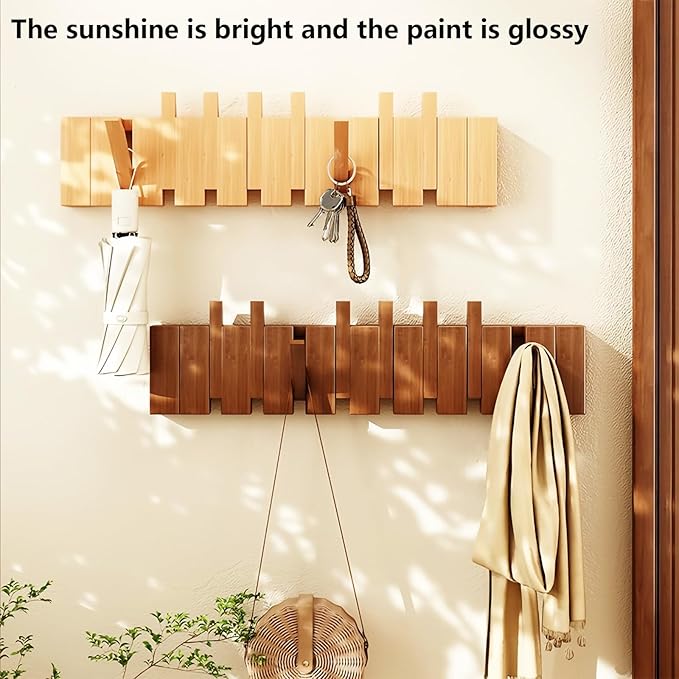 Wall Mounted Piano Key Hanger | Flip Style Hook | Entrance Wall Art Hook, Made of Oak Wood (3 Times Painted, 4 Times Polished) (Walnut, 12Hooks)