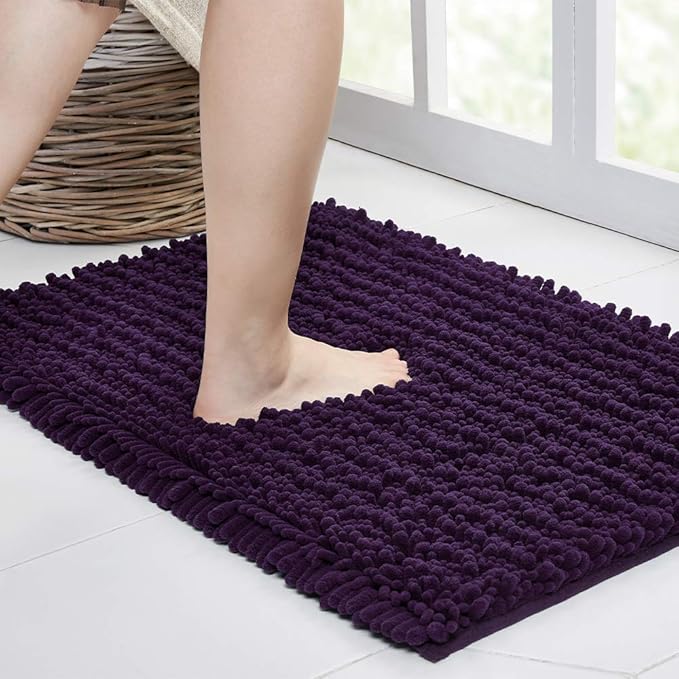 Walensee Bathroom Rug Non Slip Bath Mat (44x24 Inch Dark Purple) Water Absorbent Super Soft Shaggy Chenille Machine Washable Dry Extra Thick Perfect Absorbant Best Large Plush Carpet for Shower Floor