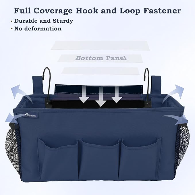 Surblue Bedside Organizer with Hook Bedside Caddy Hanging Storage Bag with Adjustable Straps and Water Bottle Holder for Home College Dorm Bunk Bed Accessories, Crib Bed Rails, Hospital Bed，Navy