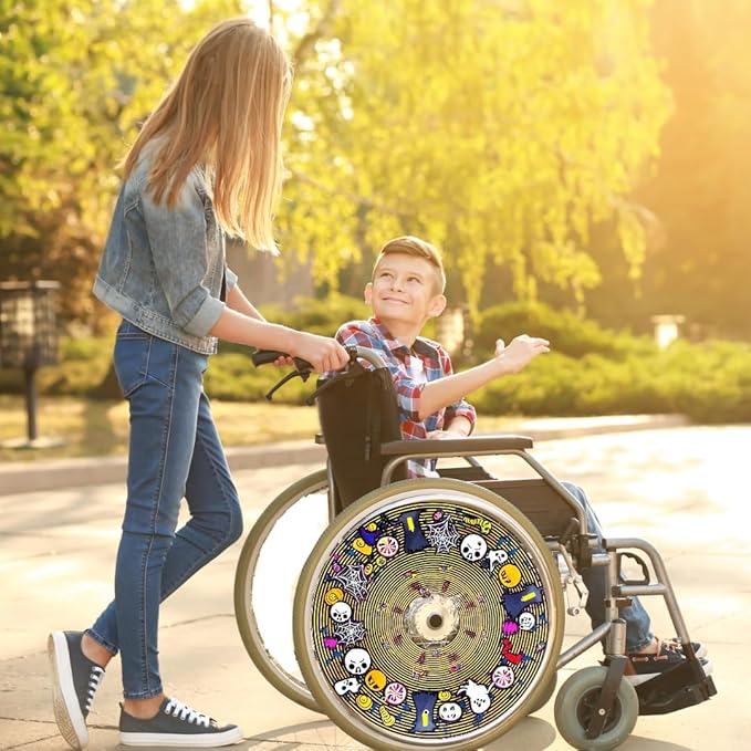 Designer Halloween Cover for Wheelchair Wheels for Adults & Kids, Skull and Spider Web Designs, Easy Install/Remove, Lightweight, (Halloween Fun)