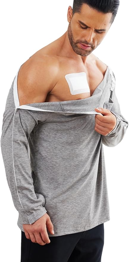 Deyeek Men's Post Shoulder Surgery Recovery Shirts Full Tear Away Long Sleeve Snap Chemo Port Access Shirt