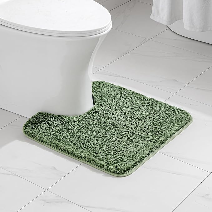 MIULEE Microfiber Toilet Bath Mat U-Shaped Contour Shaggy Bathroom Rugs Non Slip Extra Thick Soft Bath Rug Absorbent Water for Bathroom Commode Machine Washable(20x24 Inch, Moss Green)