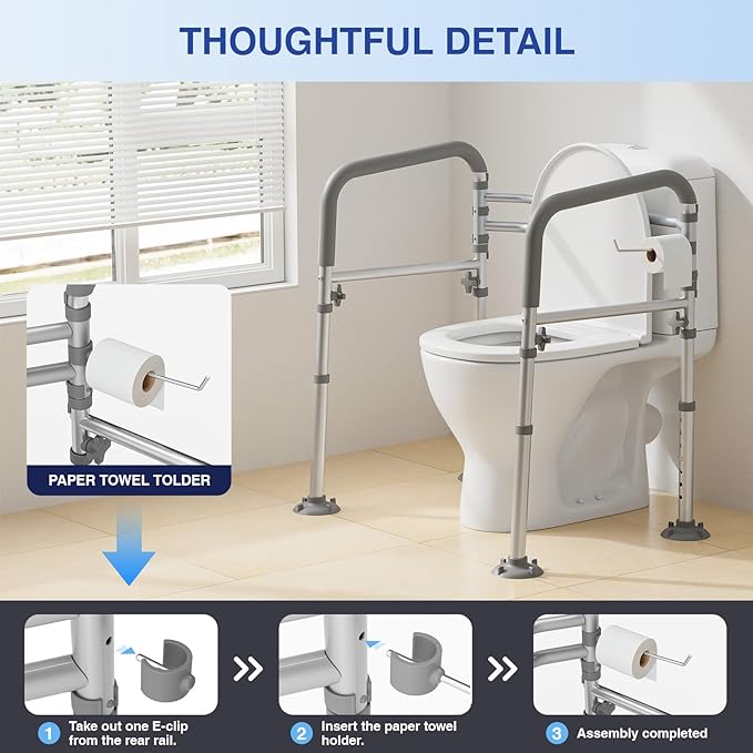 Foldable Toilet Safety Rails for Seniors - Adjustable Toilet Safety Frame & Toilet Handles for Elderly & Disabled, Fits Most Toilets, 350lb Capacity, Gray