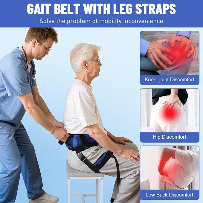 Rhino Valley Gait Belt with Leg Straps, Transfer Belts with 7 Handles, Gate Belts Medical for Elderly, Lifting Belt for Bariatric, Handicap, Physical Therapy Equipment, Blue & Black