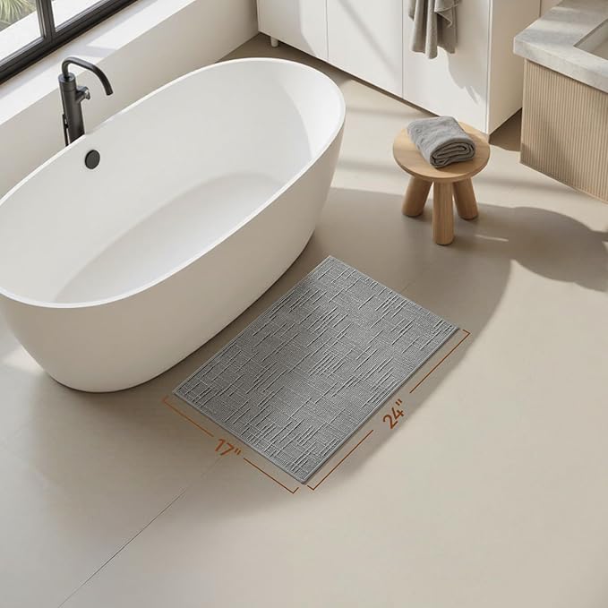 AMOAMI Bath Mat Non Slip Super Absorbent Quick Dry Bath Mats for Bathroom Floor Rubber Backing Washable Bathroom Rugs Modern Woven Jacquard Mat, Beside Tub Bath Rugs, 17" x 24", LightGrey