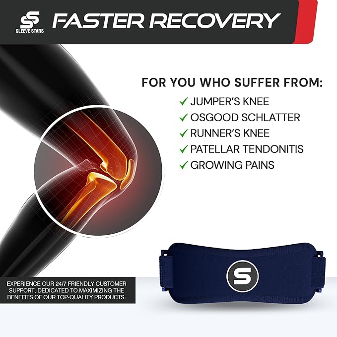 Sleeve Stars Swedish Brand Patellar Tendon Support Strap for Women & Men Effective Osgood Schlatter Knee Brace Youth & Kids Knee Brace with 3 Adjustable Length fits 7"-15" (Single/Navy Blue/Kids)