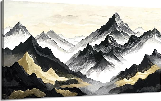 amatop Abstract Mountain Wall Art, Large Modern Canvas Print - Black White and Gold Landscape Nature Picture, Horizontal Inspirational Artwork for Living Room, Office, Bedroom and Bathroom Wall Decor (48x24 Inch)