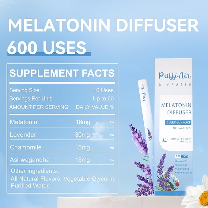 Herbal Anxiety Pen - Melatonin Diffuser with Lavender, Chamomile & Ashwagandha for Sleep Support & Stress Relief - 600 Uses 2 Sticks