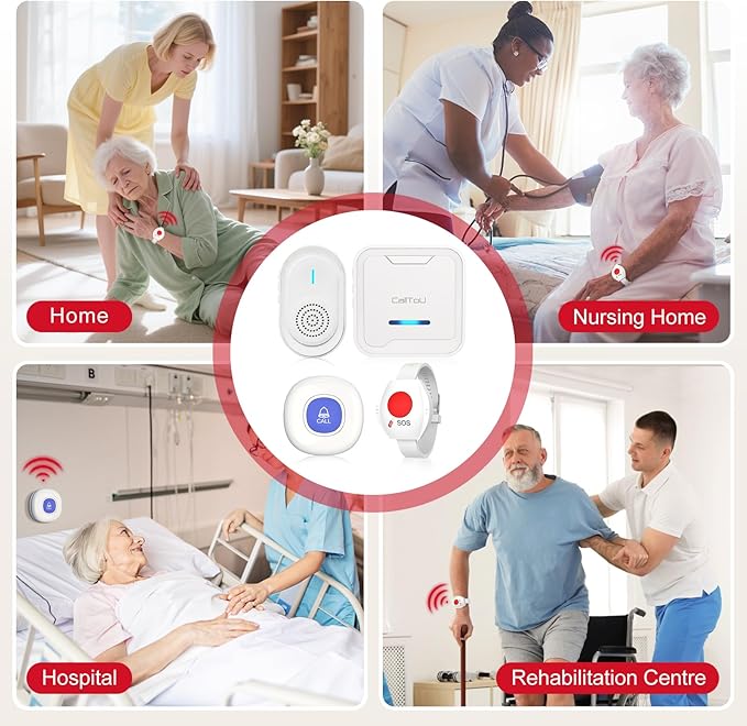 CallToU Wireless Caregiver Pager Call Button for Elderly - Nurse Alert System with 4 SOS Panic Button, 500+ Feet Range, 1 USB Receiver & 2 Plug-in Receiver for Home Care Seniors Monitoring
