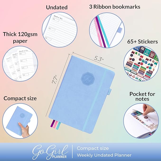 GoGirl Planner and Organizer for Women – Compact Size Weekly Planner, Goals Journal & Agenda to Improve Time Management, Productivity & Live Happier. Undated – Start Anytime, Lasts 1 Year – Light Blue