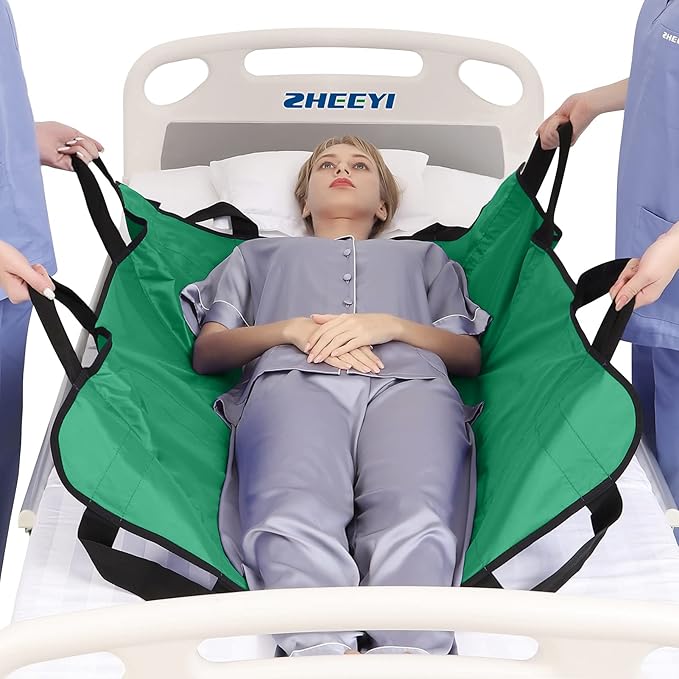 Positioning Bed Pad with Reinforced Handles 43" x 36" Patient Transfer Sheet Aid Assistant for Body Lifting, Turning, Repositioning, for Elderly, Incontinence, Caregiver, Green