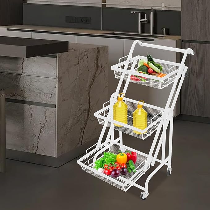 3 Tier Rolling Utility Cart with Wheels, Metal Rolling Foldable Storage Shelves, Adjustable Tilt Angle Storage Organizer for Living Rooms, Kitchens, Bathrooms (White)