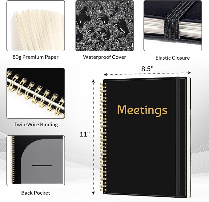 SUNEE Half Meeting Half Note 8.5"x11" Notebook for Work – 140 Pages, A4 Size Project Planner for Women&Men, Minutes Organizer for Meeting Notes, Ideas for Office/Business, PVC Waterproof Cover, Black