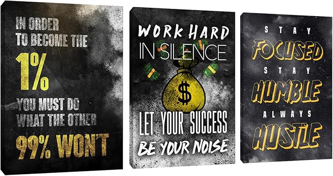 3 Piece Black Wall Art Modern Motivational Quotes Wall Art Canvas Art Inspiring Entrepreneur Hustle Poster Prints Wall Decor Office Wall Decorations Framed Posters for Office(36''Wx 16''H)
