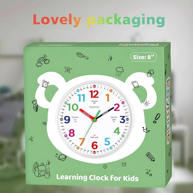 Roymnie12 Inch Wall Clock for Kids Learning to Tell Time Easily Analog Non Ticking Battery Operated Teaching Clock Silent Teaching Time Clock Decorative for Kids Room Classroom School (White Grain)