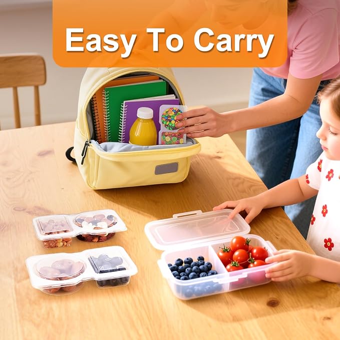 30 PCS Snack Containers with Lids, Portable Divided Snack Containers 2 Compartment Dip Containers Reusable Snack Pack Containers for School Office On-the-Go Travel