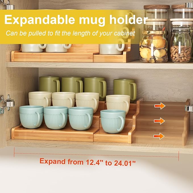 3-Tier Expandable Bamboo Mug Holder for Countertop Coffee Cup Holder Display Mug Organizer Mug Rack for Coffee Bar Organizer Mug Shelf for Cabinet for Kitchen, Home