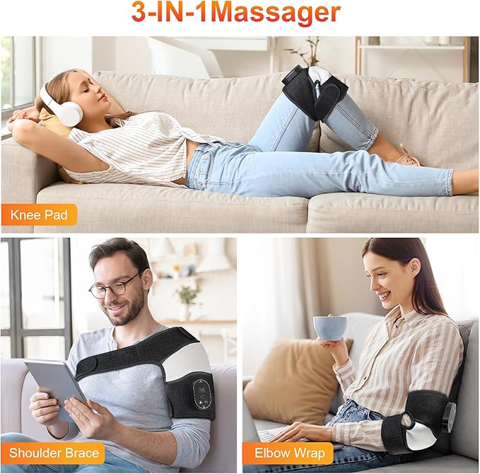 YUANBO Electric 3-in-1 Cordless Heated Massager with Heat for Knee Elbow Shoulder Wrap with 3 Vibration & Heating Modes (2 Pack)