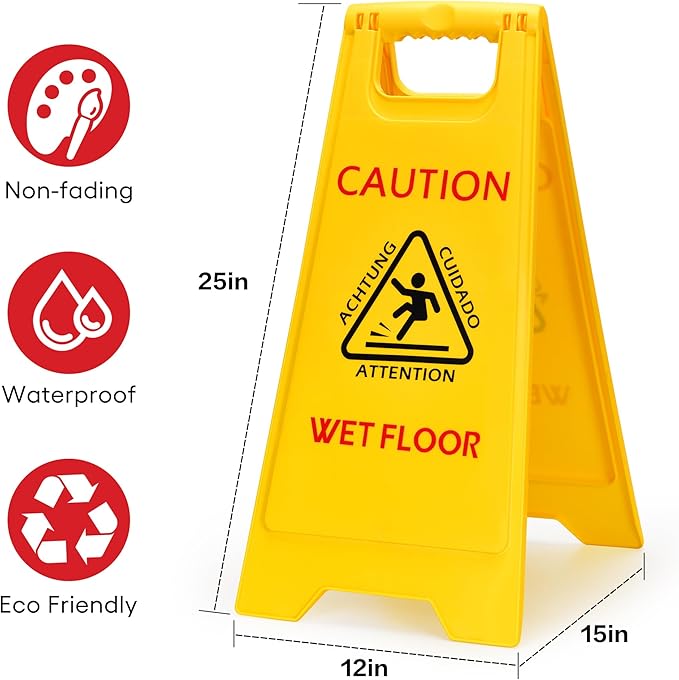 MATTHEW CLEANING 25'' Industrial Wet Floor Sign 12 Pack 2-Sided Safety A-Frame Birght Yellow Multilingual Warning Signs Commercial Caution Wet Fold-out Floor Signs For Indoors and Outdoors