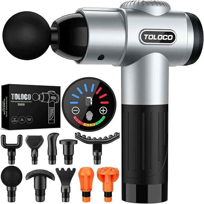 TOLOCO Massage Gun, Muscle Massage Gun Deep Tissue for Athletes with 10 Massage Heads, Electric Percussion Massager for Any Pain Relief, Christmas Gifts for Women, Men, Silver